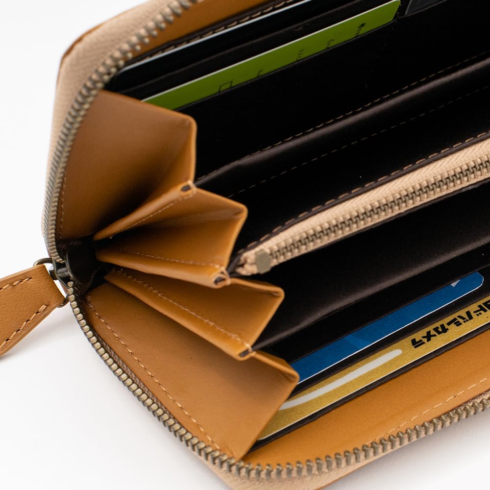 E-MONO Genuine Leather Long Wallet, Himeji Leather, Skimming Prevention, Men's Round Zipper Wallet, Leather Zipper Purse, Long Wallet, Business