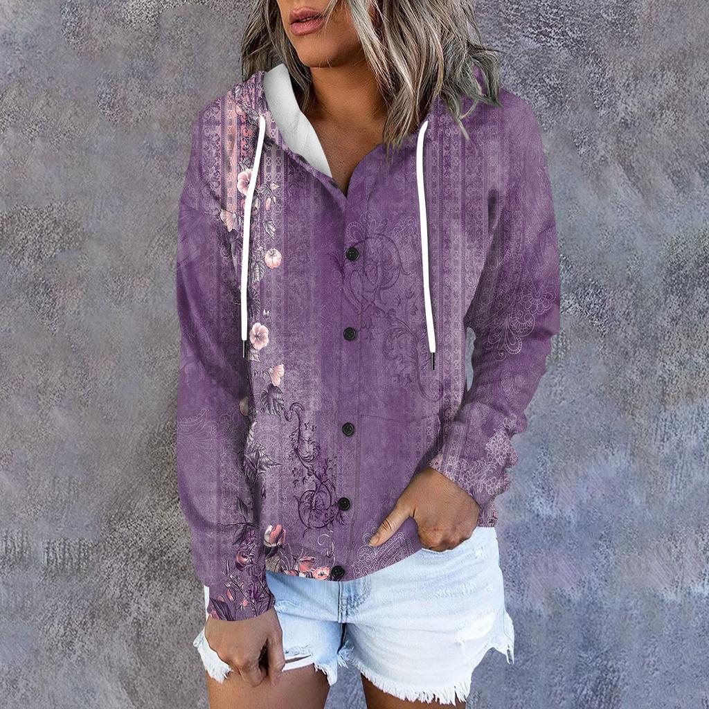 Women's Hoodie, Printed Long Sleeved Loose Hooded Sports Jacket