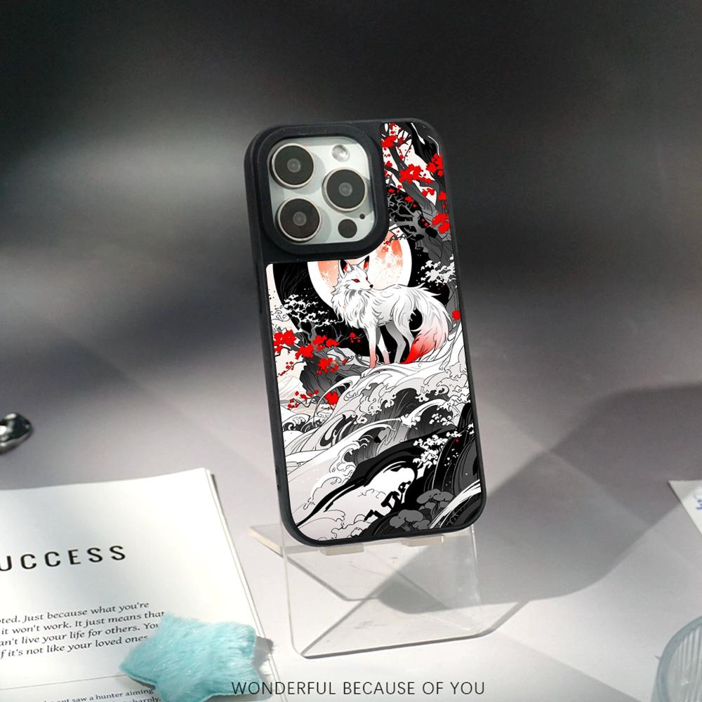 Nine-tailed fox art fashion design Phone Case for iPhone 17 16 e 15 14 13 12 Pro Max Sheepskin Silver-edged protective case