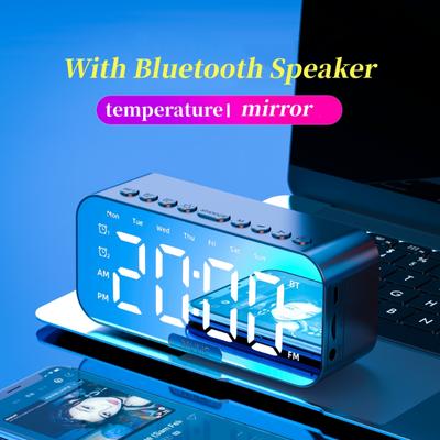 Будильник с Bluetooth-динамиком, зеркальным экраном, светодиодными цифровыми часами, температурой, FM-радио для спальни, офиса, декора, настольные часы, светодиодные