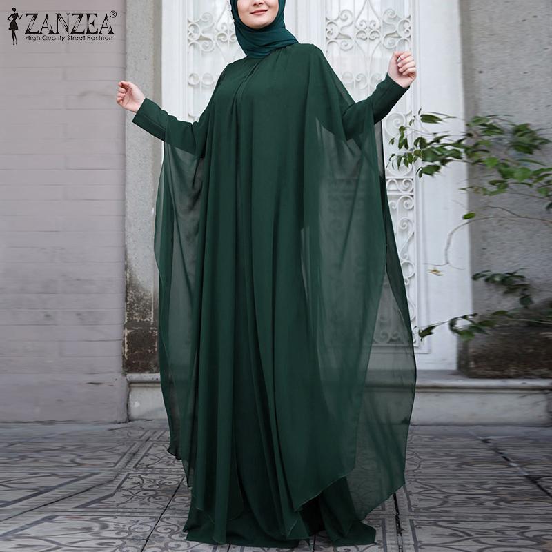 ZANZEA Muslim Women Prayer Dress Women O-neck Batwing Sleeve Chiffon Long Dress Abayas Islamic Clothes