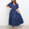 Женское летнее платье миди с v-образным вырезом и короткими рукавами, пояс с высокой талией и рюшами, однотонное платье трапециевидной формы, уличная одежда
