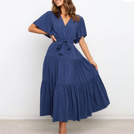 Женское летнее платье миди с v-образным вырезом и короткими рукавами, пояс с высокой талией и рюшами, однотонное платье трапециевидной формы, уличная одежда