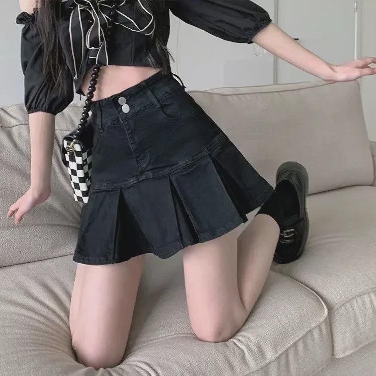 High-Waist Pleated Denim Skirt: 2023 Spring/Summer Slim A-Line Short Skirt for Women