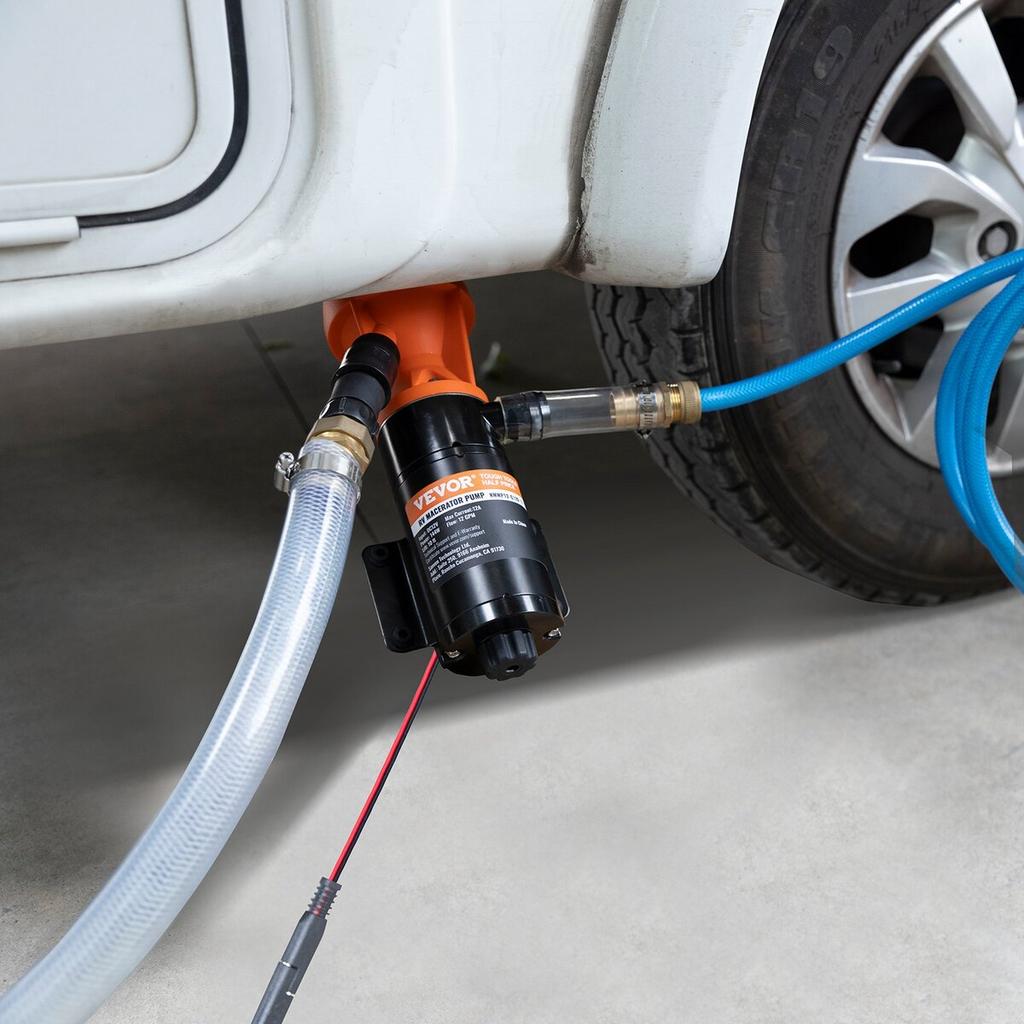 RV Portable Macerator Pump, 12V, 12GMP Quick Release RV Waste Pump, RV Sewage Sewer Pump with Detachable Quick Connection Valve Metal Hose Clamp Power