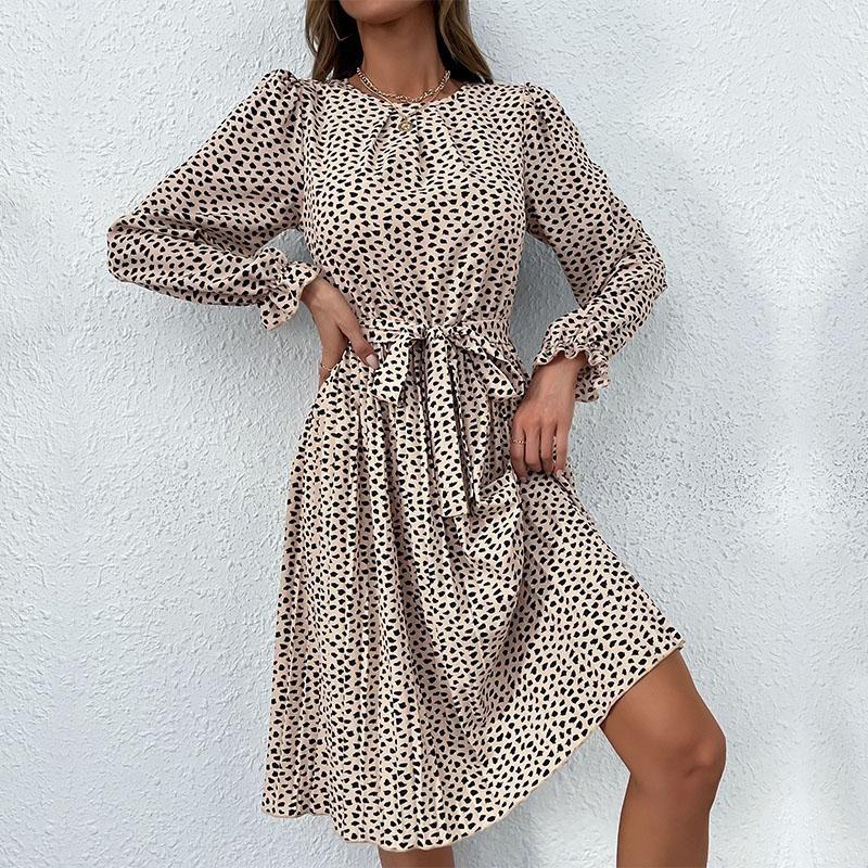 Women's O Neck Long Sleeves Fall Lace Up Print High Waist All Match Dress
