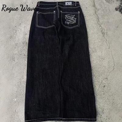 RogueWave Y2K Хип-хоп Уличные Джинсы Штаны Широкие Штанины Американские Трендовые Джинсы Ретро Готика Графическая Вышивка Свободные Джинсы Харадзюку