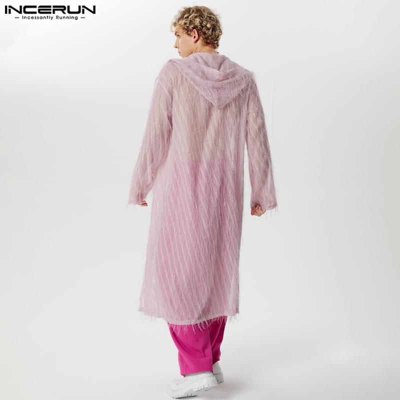 INCERUN Мужские прозрачные длинные кардиганы с кисточками и кимоно с открытым передом и капюшоном