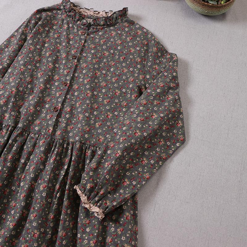 Mori Girl Autumn Spring Women Loose Long Dress Ruffled Collar Floral Cottagecore Dress Vintage Cotton Ruffles Elegant Chic Dress