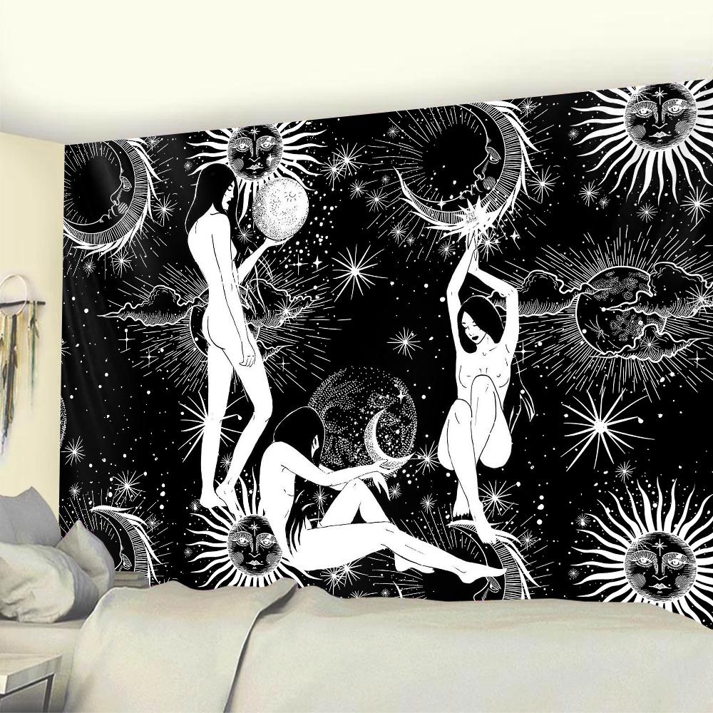 Mandala Black and White Sun and Moon Tapestry Mystical Witchcraft Divination Wall Hanging Hippie Wall Hanging Home Decoration