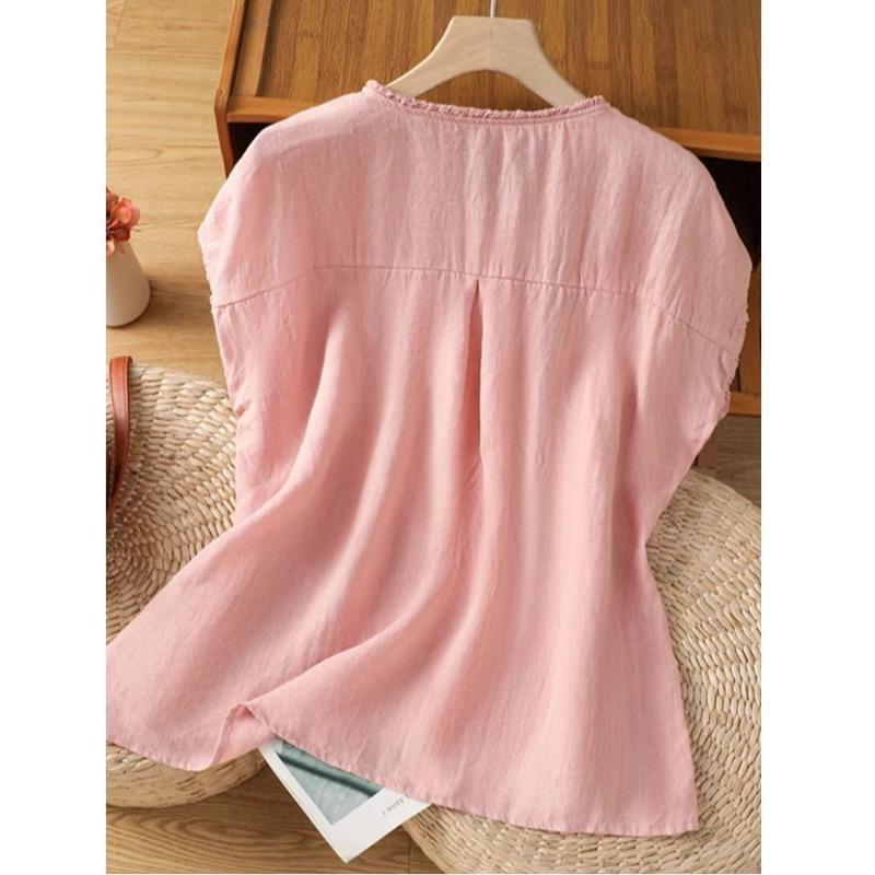 Women Solid Color Ruffle Linen Cotton Shirt Casual Cap Sleeve Breathable Summer Blouse