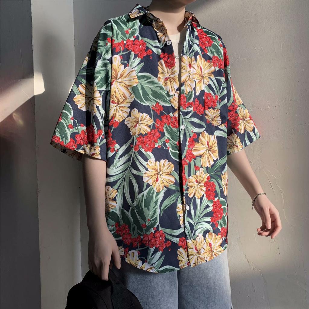 Hawaiian Men's Casual Flower Shirt Hong Kong Style Retro Beach Shirt Floral Couple Flower Shirt Short Sleeve Men