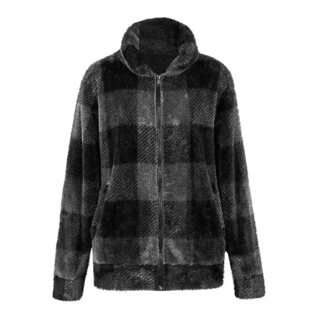Женская повседневная клетчатая куртка средней длины с двухсторонним плюшем на молнии с длинными рукавами