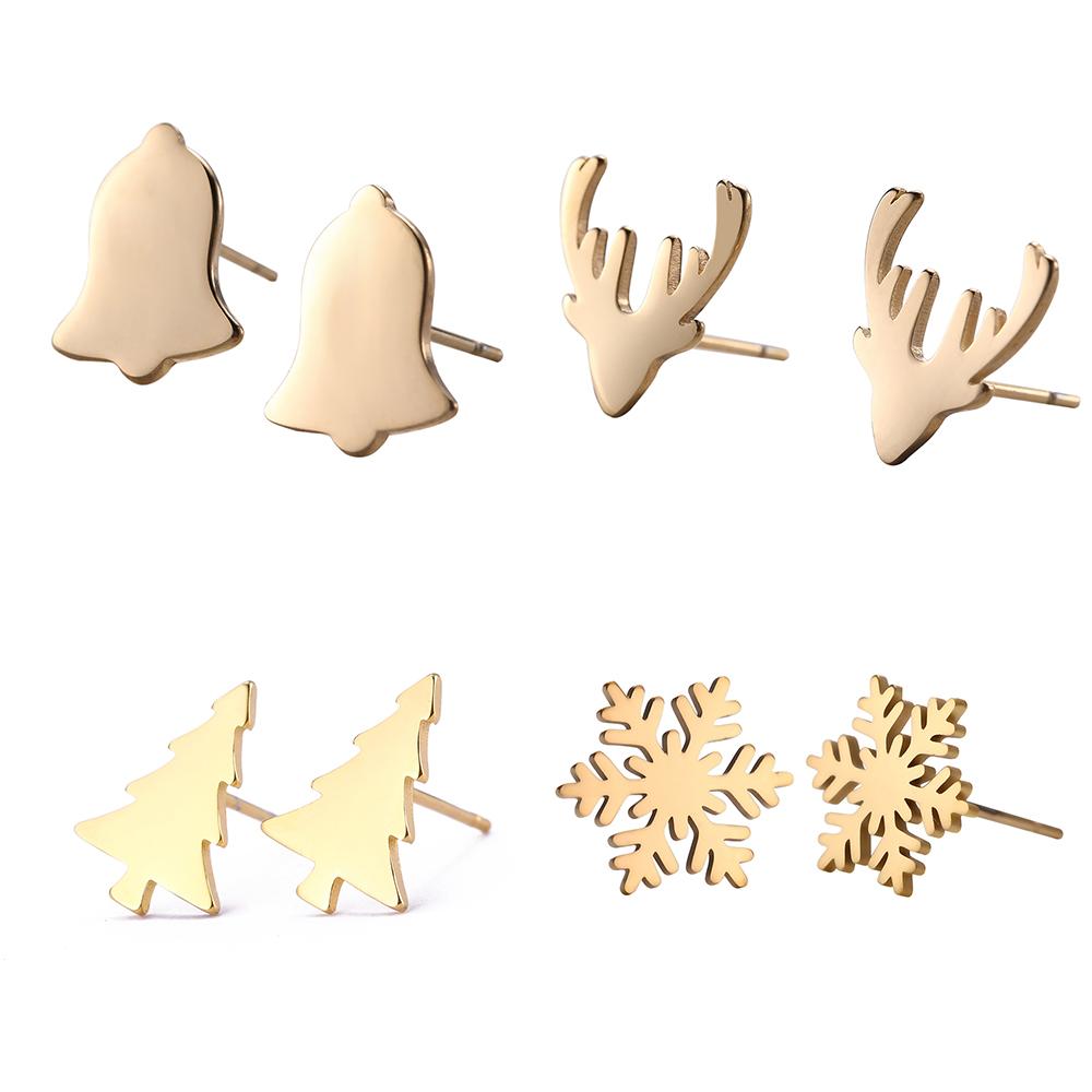 Snowflake Tree Elk Jingle Bell Stud Earring Women Stainless Steel Gold Earrings Jewelry Valentine Gift