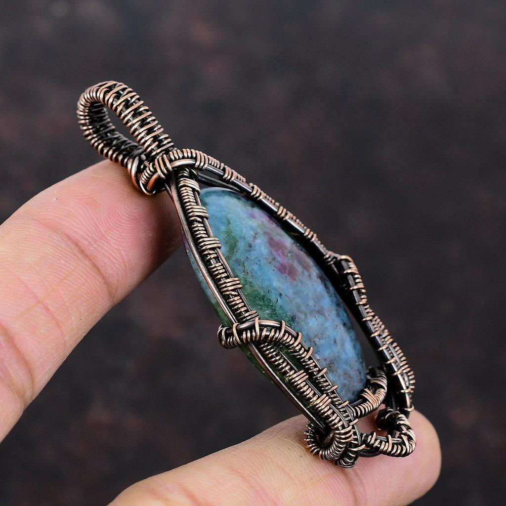 Ruby In Blue Kyanite Pendant Copper Wire Wrapped Jewelry Real Gemstone Pendant Copper Wire Wrapped Pendant Handmade Pendant Jewelry For Gift