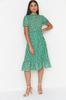 Women's Fashion New Dress Green Floral Patterned A-Line Flounce Lined Midi Woven Dress