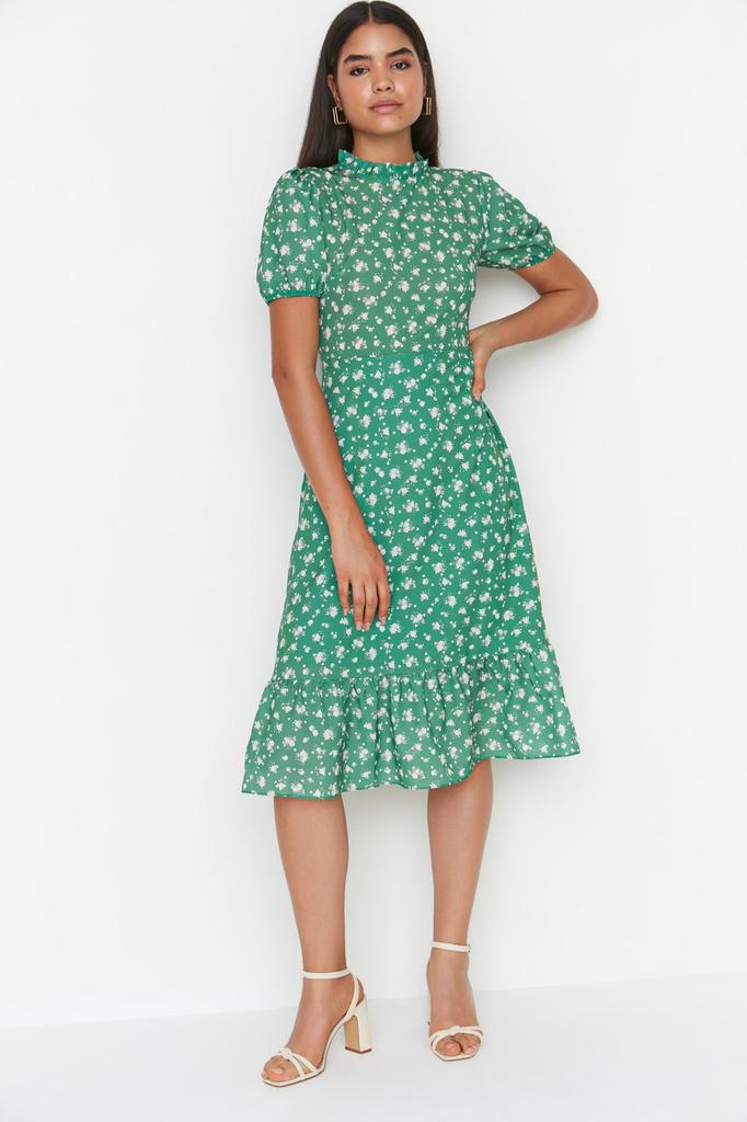 Women's Fashion New Dress Green Floral Patterned A-Line Flounce Lined Midi Woven Dress