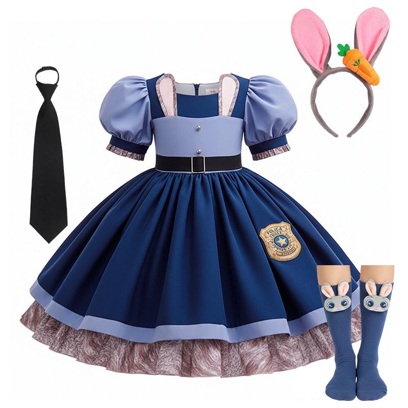Girl Cosplay  Judy Hopps Police Officer Dress Zootopia Bunny Costume Kids Dress Up Halloween Rabbit Dress Outfits