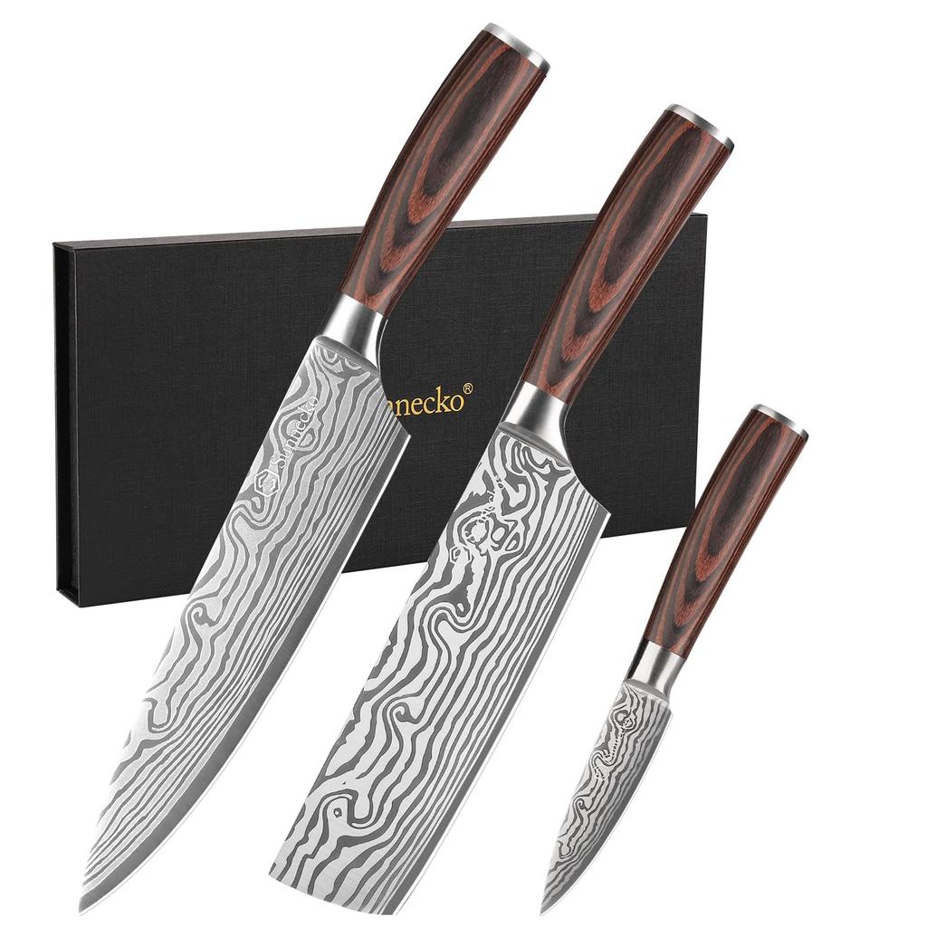 Sunnecko Knife Gyuto Vegetable 3 Piece Stainless Steel Damascus Wooden Double Meat Fish Vegetable Rust Gift Set, Knife, Knife, Set, Pattern, Handle,