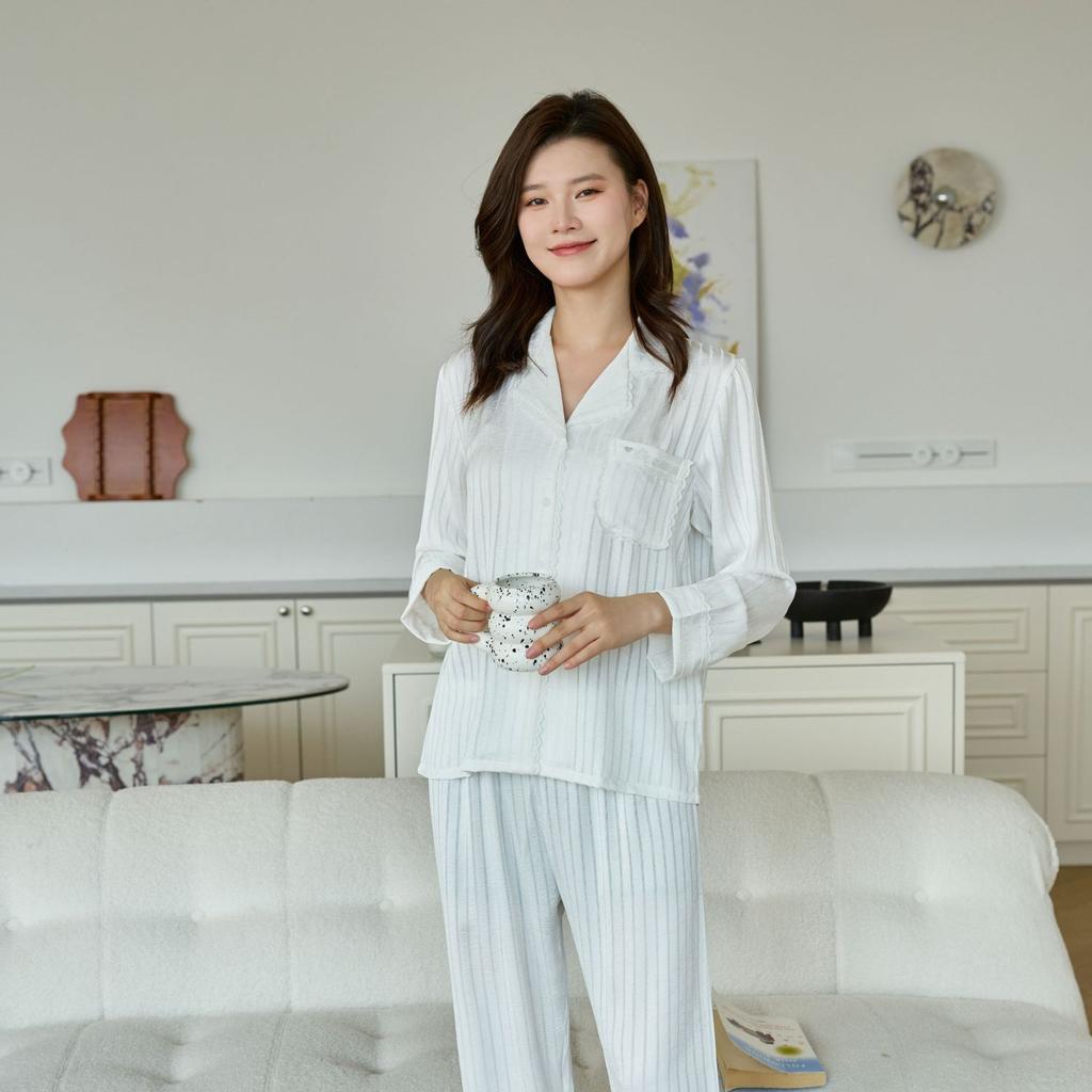 1011 новые французские шелковые пижамы для сна и отдыха с кружевом, женские, гофрированные, с длинным рукавом, двухпредметный комплект, можно носить на улице