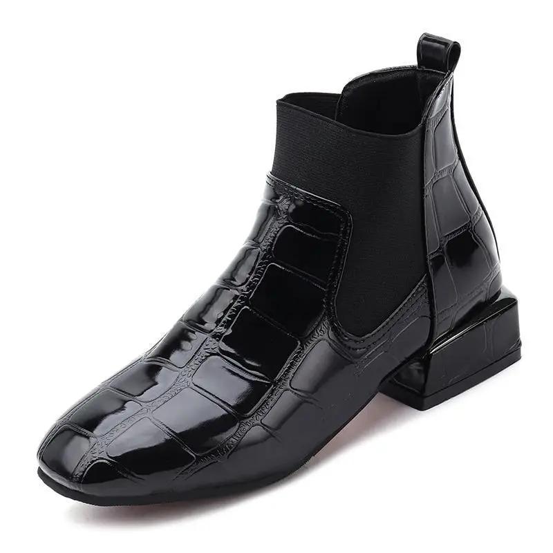 Шикарные женские ботинки из блестящей искусственной кожи, осенне-зимняя обувь, ботильоны на блочном каблуке с открытым носком, женские Botas Zapatos Mujer