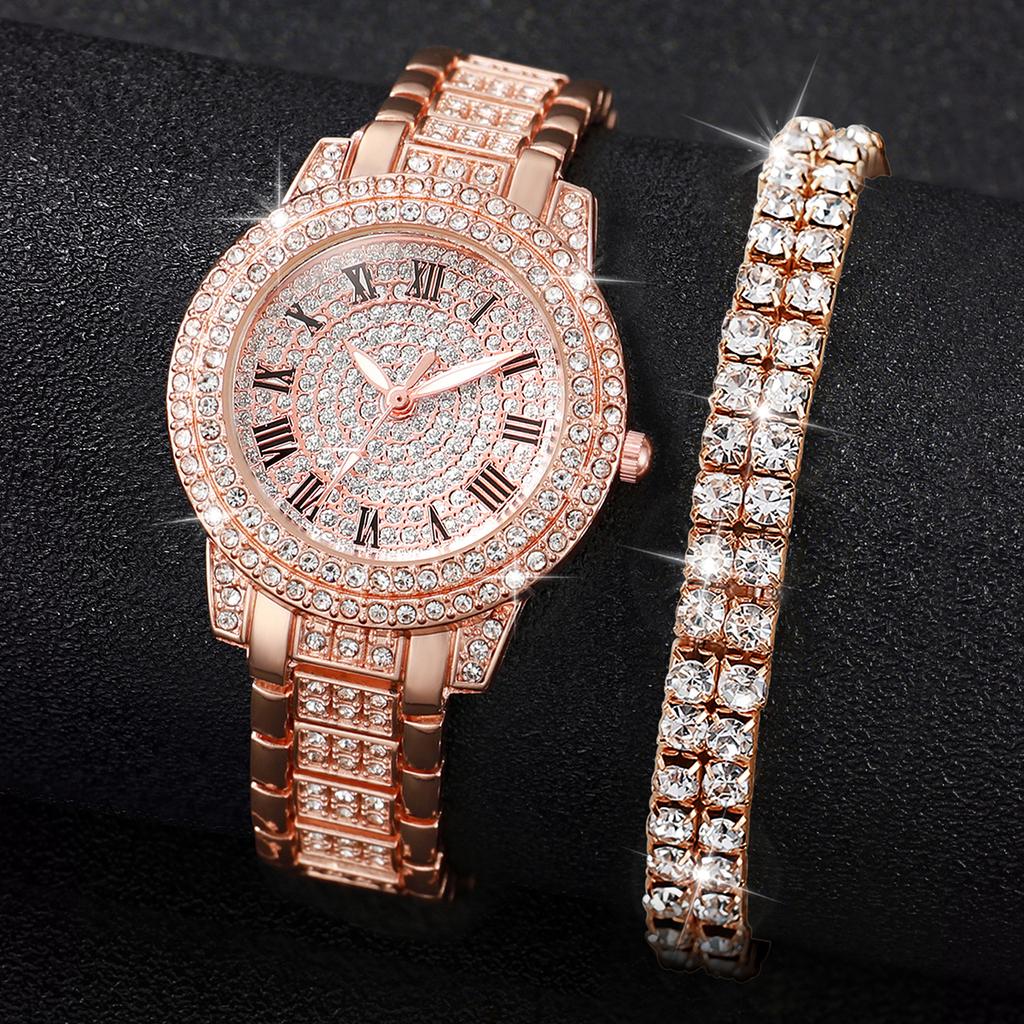 Xiaomi 2PCS Fashion Full Diamond Women's Watch Gold Steel Band Analog Quartz Watches Bracelet Set