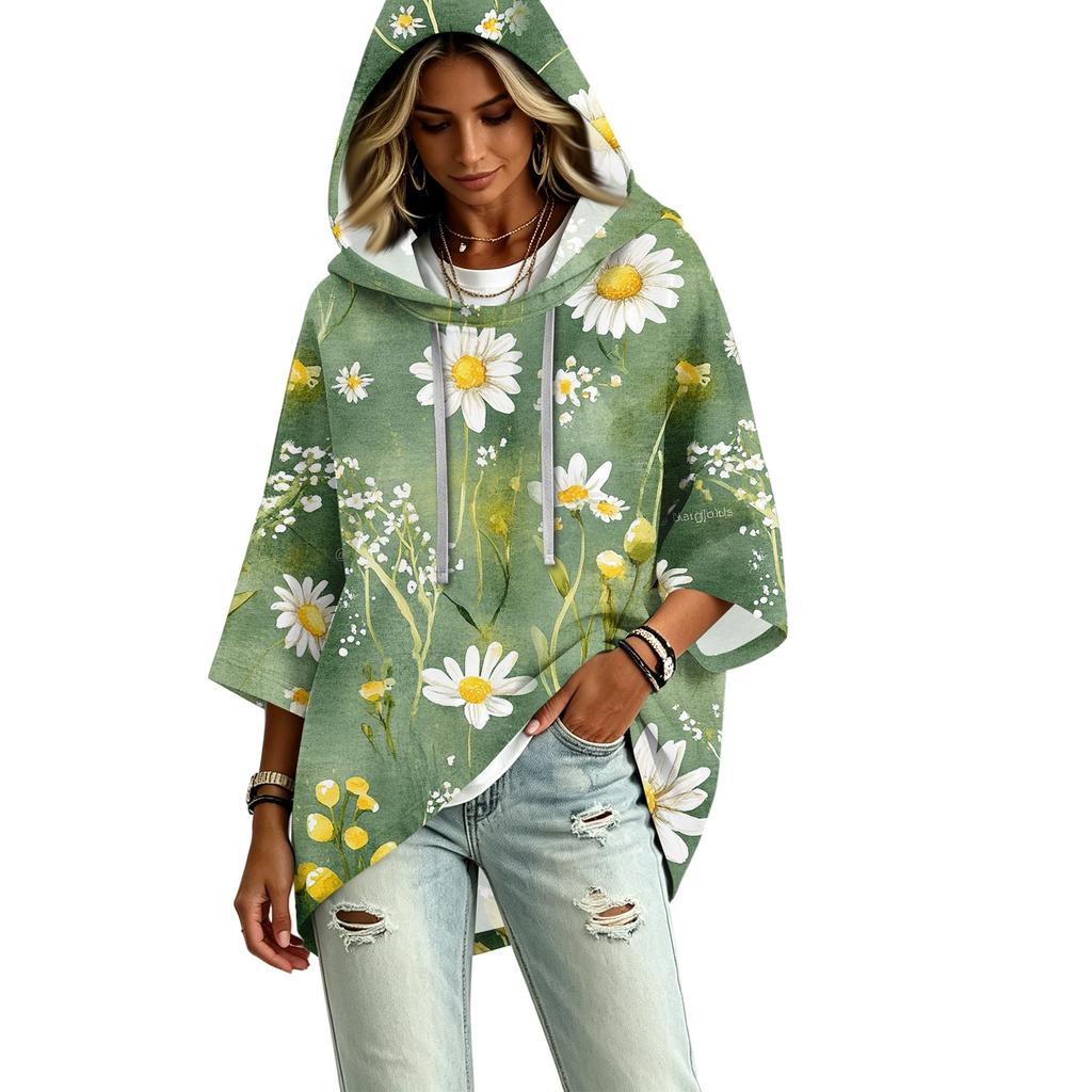 Женский винтажный худи-пуловер с цветочным принтом и рукавами три четверти для повседневной носки