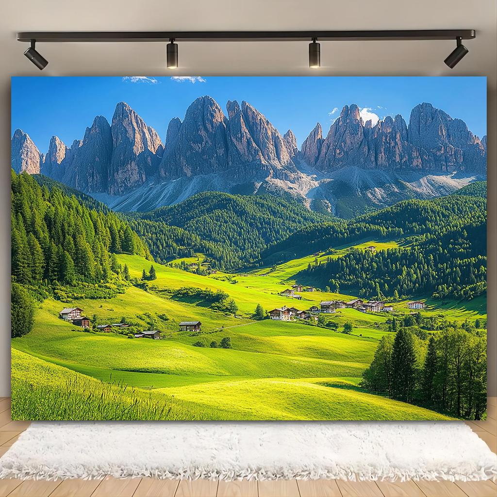 2D plane, 1 piece of a European mountain scenery background banner, suitable for weddings, birthdays, and anniversaries