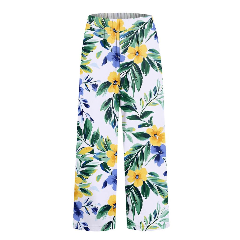 Women's Fashionable Floral Print Straight Leg Pocket Elastic Waist Casual Pants Pants