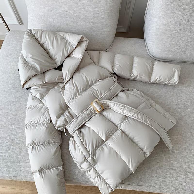 Winter Hooded Women's Down Jackets Warm Casual Coat Puffer Jacket Belt Elegant Parka Overcoat