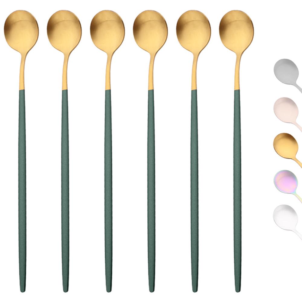 6 шт. Золотая ложка для перемешивания кофе, чая с длинной ручкой, десертные ложки для мороженого, экологически чистая посуда из нержавеющей стали, кухонные принадлежности