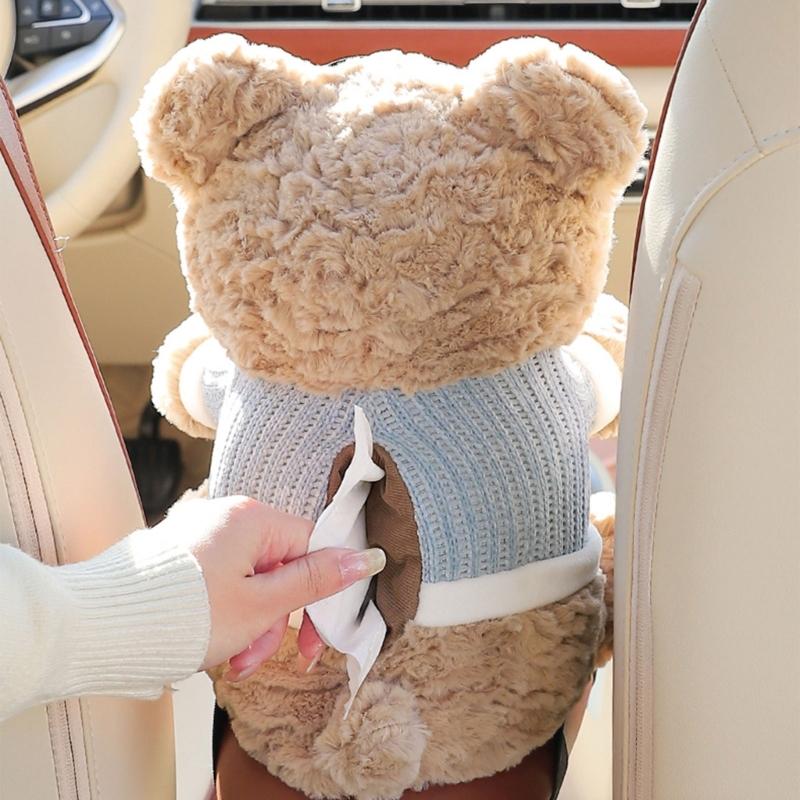 Plush Bear Shape Automotive Tissue Dispenser and Trash Can With Shake Proof Mounting and Leakproof Inner Container