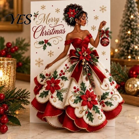 Elegant Angel Ornament Card 3D Christmas Greeting with Fabric Dress, Pop Up Holiday Unique Xmas Card, Merry Gift Keepsake for Family Friends Detailed