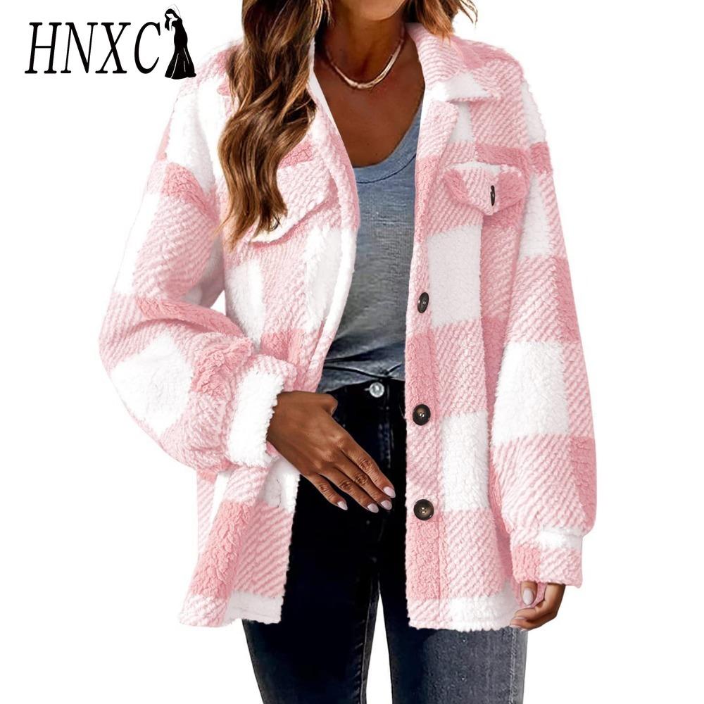 HNXC Женские винтажные повседневные решетчатые куртки и пальто с длинным рукавом и воротником-поло на осень-зиму