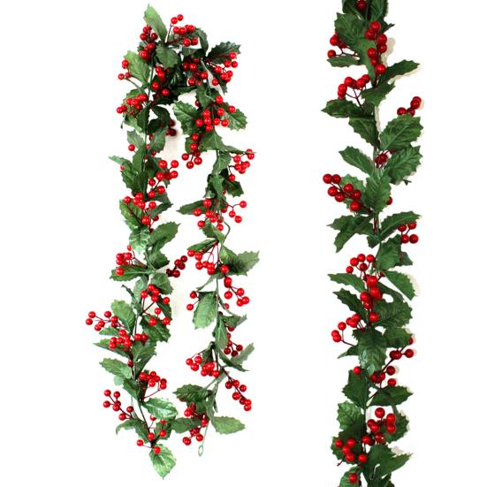 Рождественская искусственная гирлянда из ротанга с зелеными листьями и красными ягодами в помещении и на открытом воздухе, настенная подвеска, рождественские искусственные растения, украшение для праздничной вечеринки, реквизит для фотографий