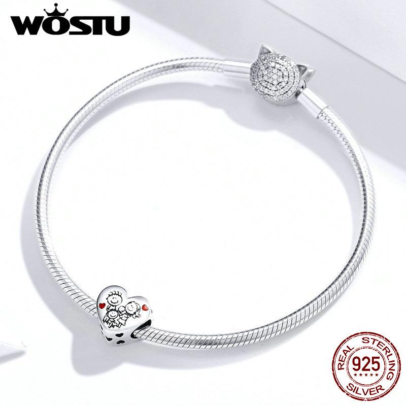 WOSTU Семейные бусины из серебра 925 пробы из стерлингового серебра 925 пробы с подвесками в форме сердца в форме сердца для семьи для браслета