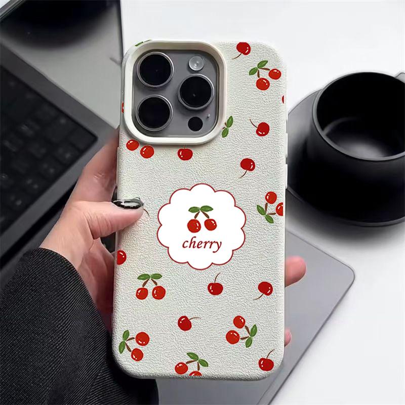 Чехол из мягкой противоударной матовой кожи с вишневым узором для iPhone 16 Pro 15 14 13 12 Pro Max 11