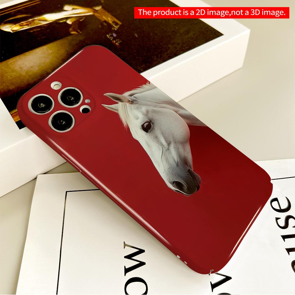 2DFlat White Horse Against Vibrant Red Background All inclusive film hard phone case, compatible with iPhone 18 Pro Max 17 16 15 14 13 12 11