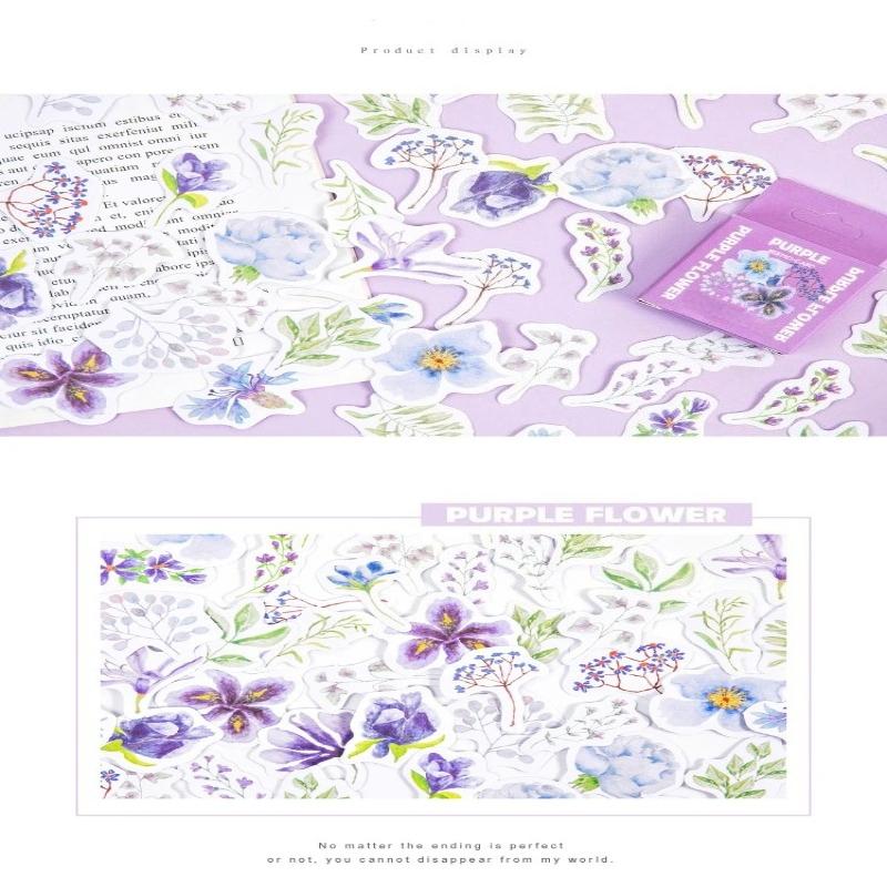 46 Pieces/box of Purple Flower Box Stickers Handmade DIY Decorative Collage Sealing Stickers Student Supplies Sealing Sticker