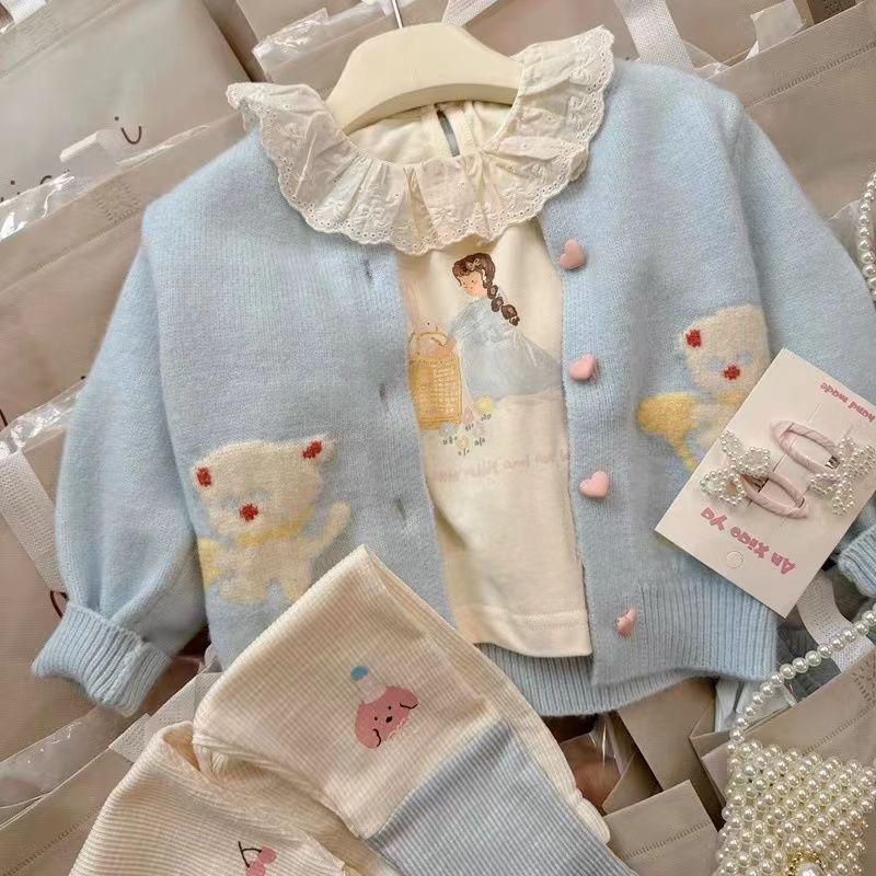 2024 Autumn Korean Style Girls' Rabbit Knit Cardigan & Sweater Set