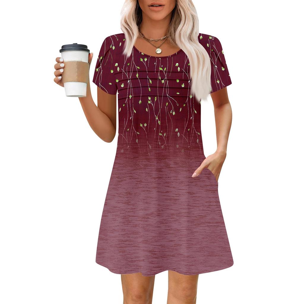 Women's Summer Casual Petal Slim Stripe Pleated Solid Color Dresses