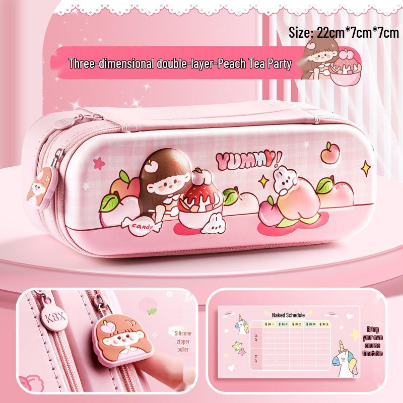 3D Kaba Bear Double-Layer Pencil Case for Boys - Large Capacity, Popular Student Design.