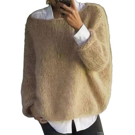 Женский свитер с круглым вырезом, длинным рукавом, свободного кроя, вязаный топ, дышащий, со свободным подолом, однотонный, трикотаж