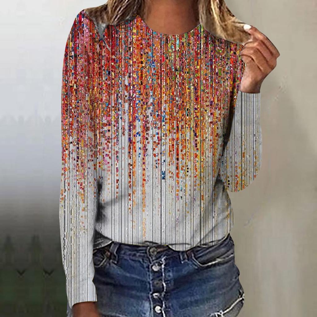 Женская мода повседневный топ с длинным рукавом с градиентным принтом и круглым вырезом