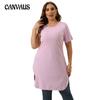Летнее женское платье-футболка размера плюс, сплошной цвет, простая футболка средней длины с разрезом, топ с короткими рукавами