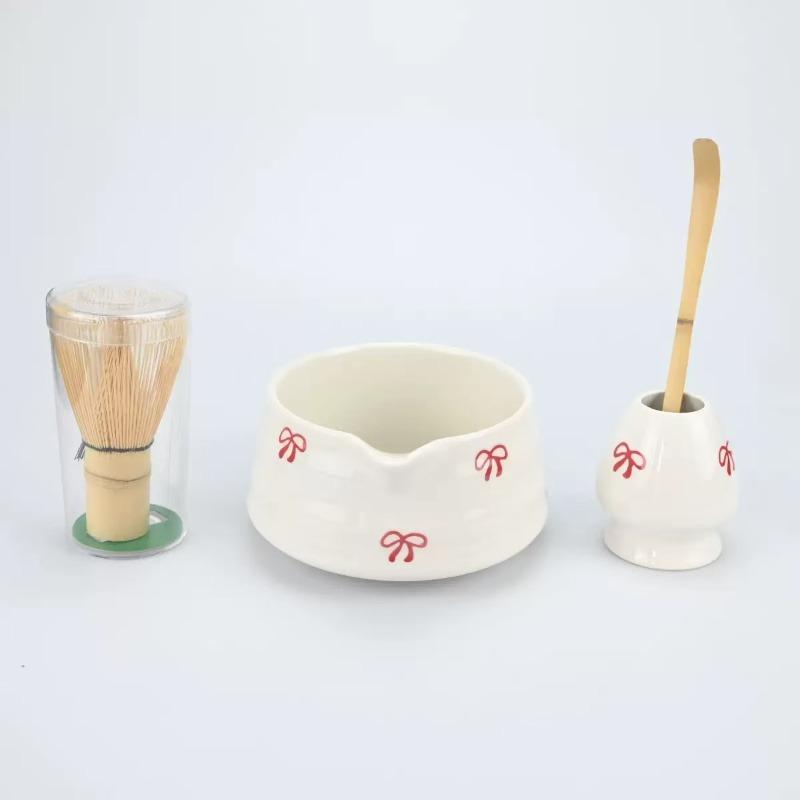 4/5pcs Cherry Blossom White Matcha Bowl with Matcha Whisk Set, Japanese Tea Set Includes Matcha Bowl with Spout