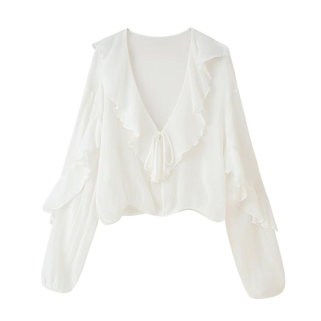 Элегантная женская рубашка ZA с V-образным вырезом, многослойными длинными рукавами и текстурой, 2025