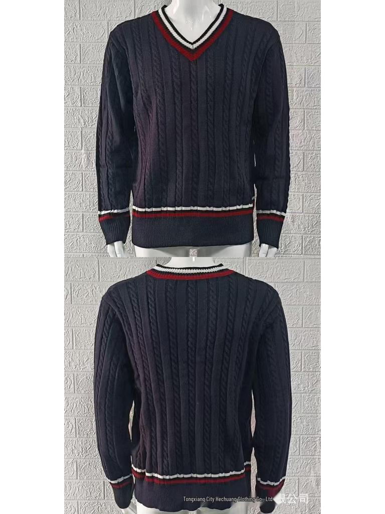 Мужской приталенный вязаный свитер с V-образным вырезом и цветовыми блоками - Осенне-зимний уличный стиль