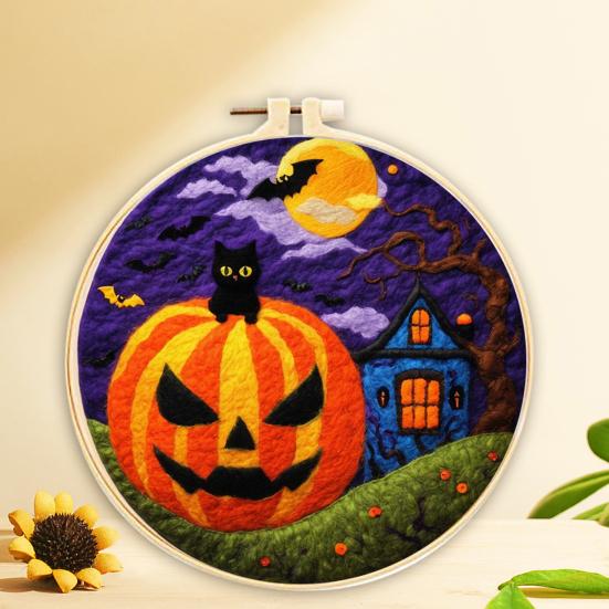 Halloween Needle Felting Kit Beginner Felt Craft Set DIY Felt Painting with Faux Wool Needle Frame Stamped Fabric for Adults Handcraft Lovers