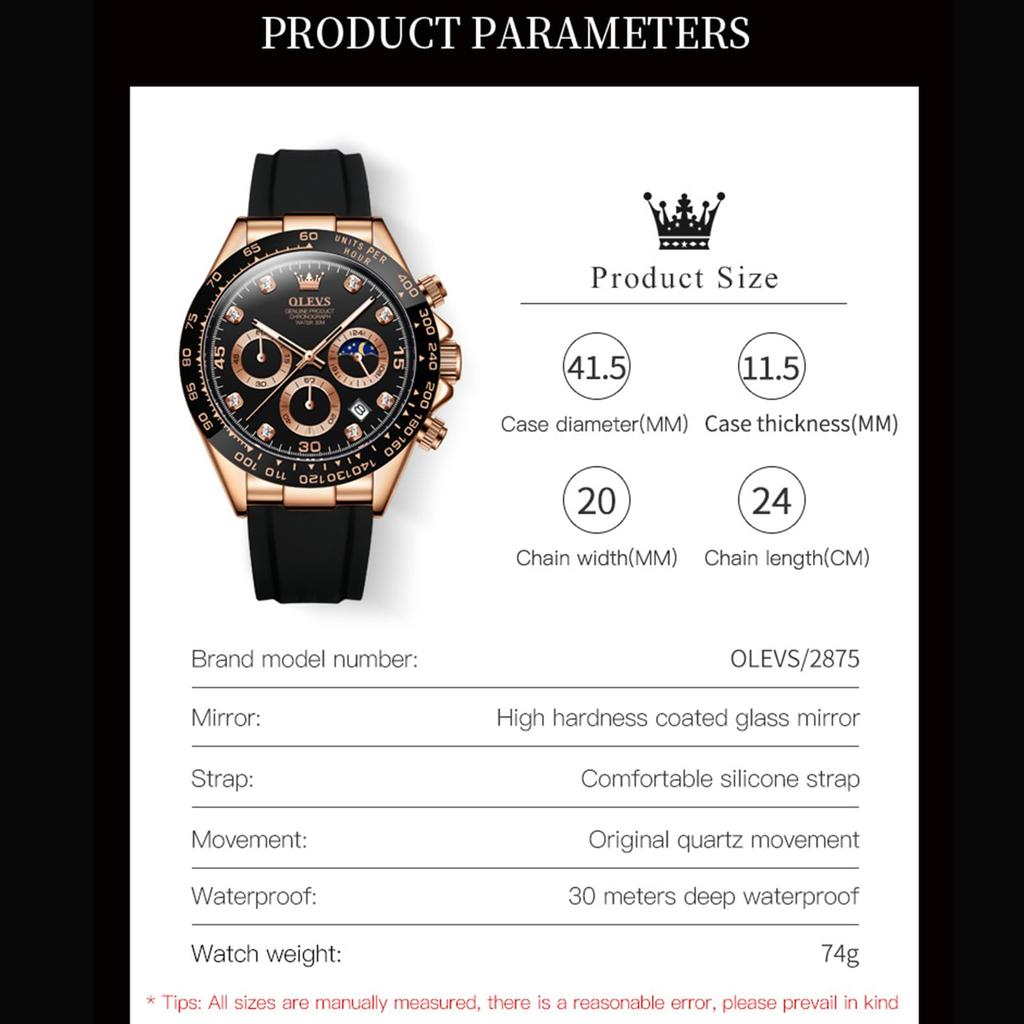 OLEVS Стильные часы Спортивные часы Популярные кварцевые часы Водонепроницаемые аналоговые часы с датой Черный силикагель ремень секундомер наручные часы Большие розовое золото Легко